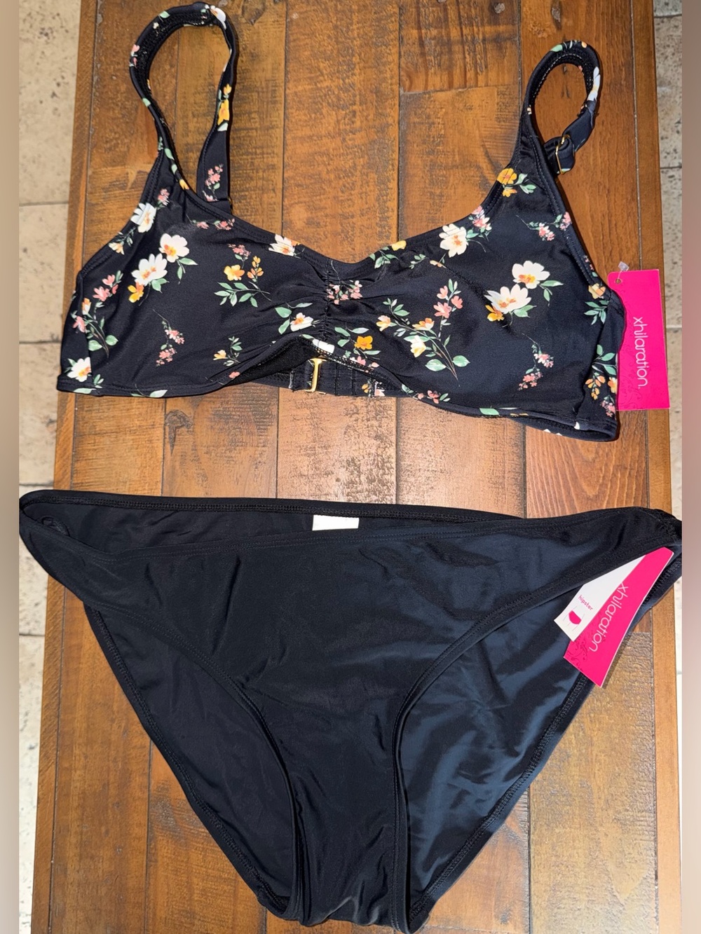 Xhilaration Black Floral Bikini Set with White & Yellow Blooms